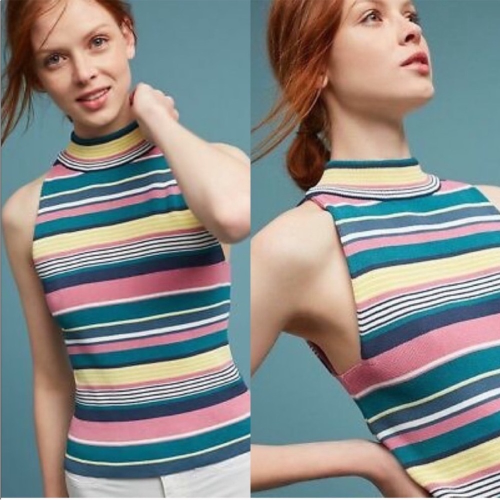 Maeve Anthropologie Lana High Neck Striped Retro Sleeveless Sweater Top